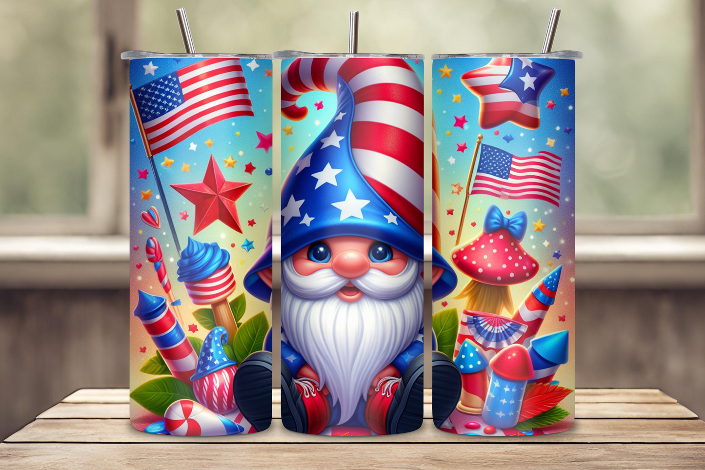 Gnome with Flag Hat and Picnic Scene 4th of July Tumbler, Flag Gift Travel Mug, Patriotic Travel Cup, 20OZ Tumbler, 22OZ Tumbler, 30OZ Tumbler
