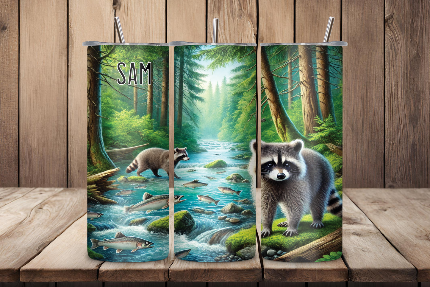 Customizable tumbler featuring a realistic woodland raccoon by a flowing river, surrounded by greenery and wildlife, with an option to add a name up to 12 characters.