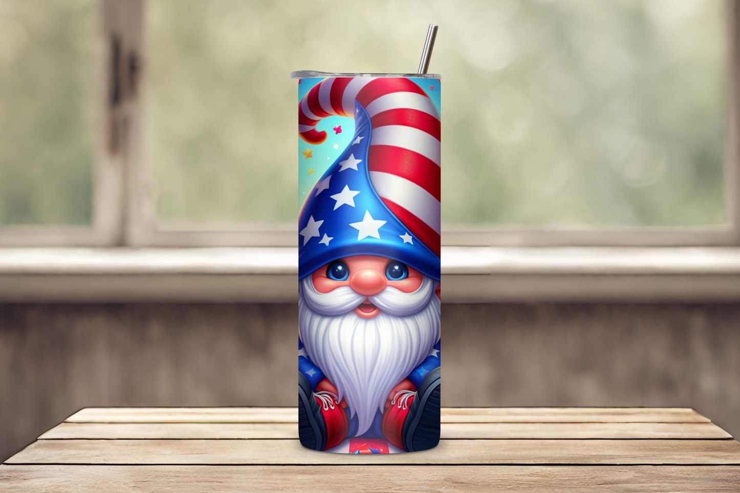 Gnome with Flag Hat and Picnic Scene 4th of July Tumbler, Flag Gift Travel Mug, Patriotic Travel Cup, 20OZ Tumbler, 22OZ Tumbler, 30OZ Tumbler