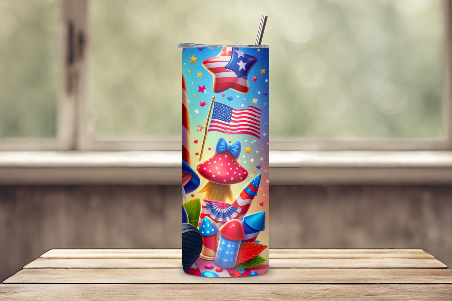 Gnome with Flag Hat and Picnic Scene 4th of July Tumbler, Flag Gift Travel Mug, Patriotic Travel Cup, 20OZ Tumbler, 22OZ Tumbler, 30OZ Tumbler