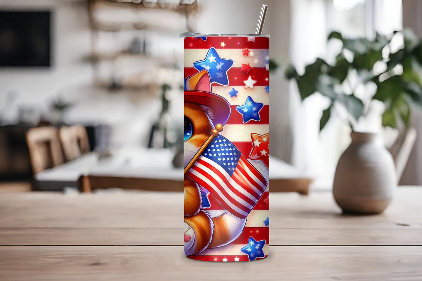 Patriotic Kitten Tumbler, 4th of July Cup, Cute Animal and Flag Travel Mug, 20OZ Tumbler, 22OZ Tumbler, and 30OZ Tumbler