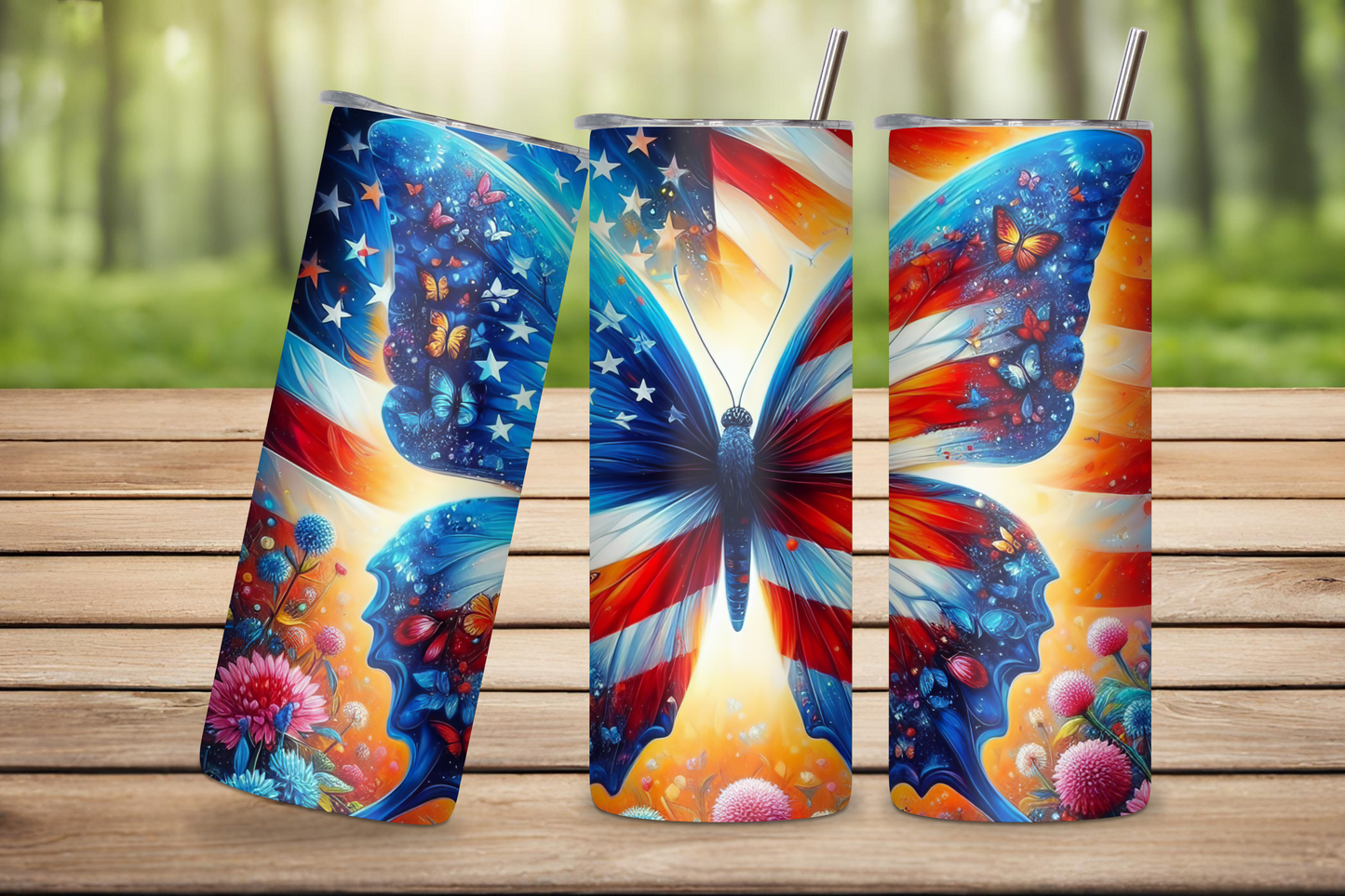 Patriotic Butterfly and Flower USA Flag Tumbler, Flag Gift Travel Cup, Butterfly Coffee Mug, 20OZ Tumbler, 22OZ Tumbler, 30OZ Tumbler