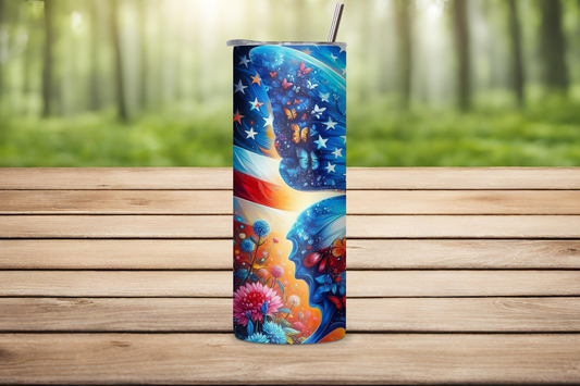 Patriotic Butterfly and Flower USA Flag Tumbler, Flag Gift Travel Cup, Butterfly Coffee Mug, 20OZ Tumbler, 22OZ Tumbler, 30OZ Tumbler