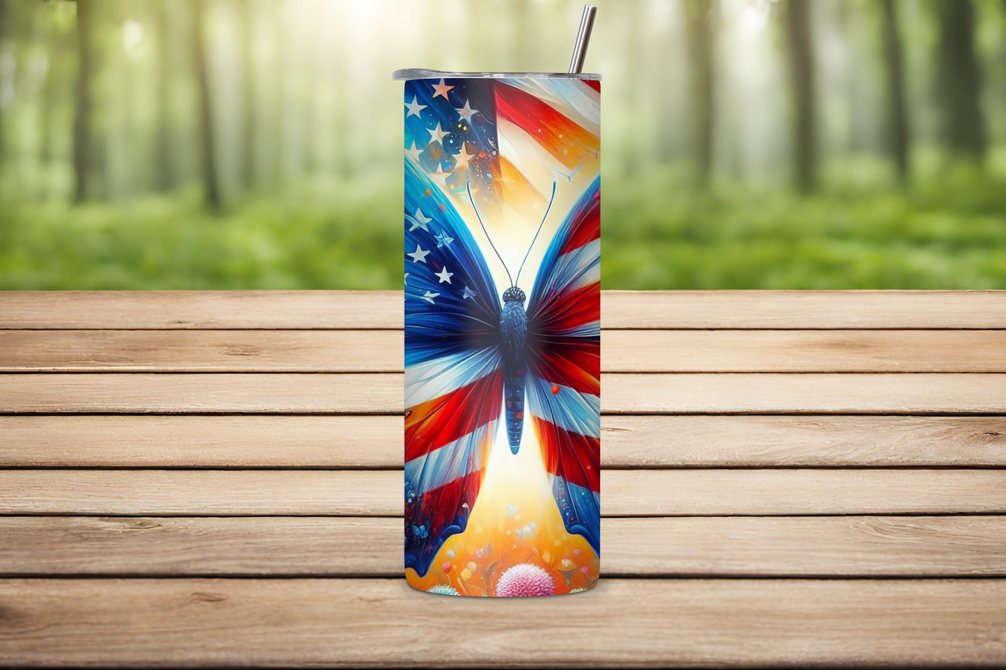 Patriotic Butterfly and Flower USA Flag Tumbler, Flag Gift Travel Cup, Butterfly Coffee Mug, 20OZ Tumbler, 22OZ Tumbler, 30OZ Tumbler