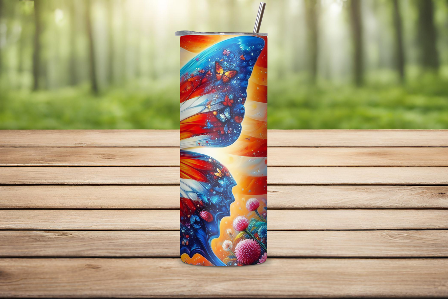 Patriotic Butterfly and Flower USA Flag Tumbler, Flag Gift Travel Cup, Butterfly Coffee Mug, 20OZ Tumbler, 22OZ Tumbler, 30OZ Tumbler