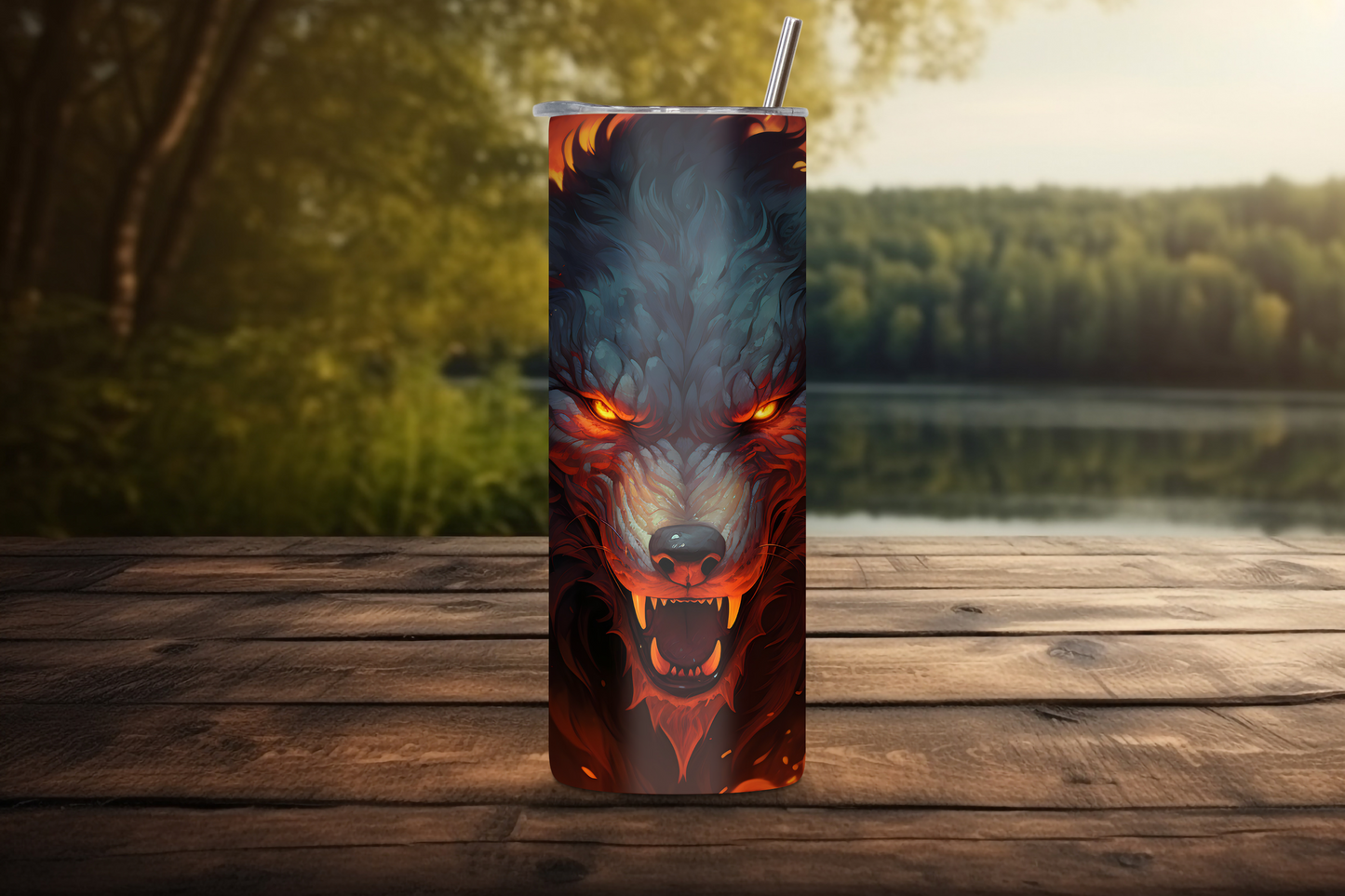 Fiery Wolf Tumbler, Scary Wolf Coffee Cup, Red Glowing Eyes Wolf Travel Mug, 20OZ Tumbler, 22OZ Tumbler, 30OZ Tumbler