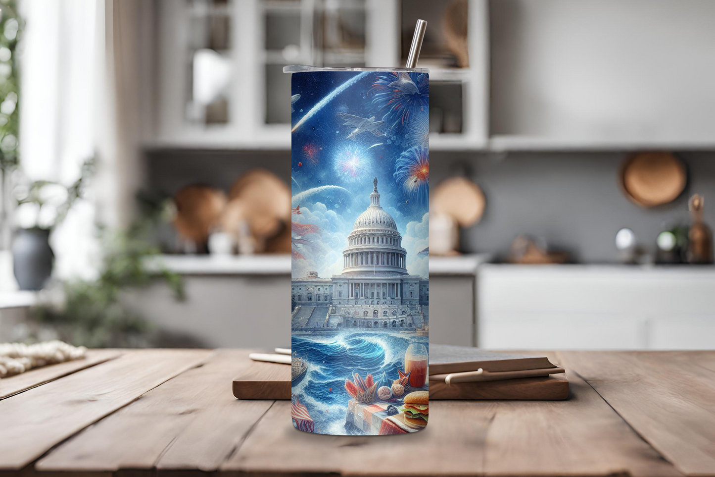 American Landmark Fireworks Celebration Tumbler, Patriotic US Capital Travel Mug, 4th of July Coffee Cup, 20OZ Tumbler, 22OZ Tumbler, 30OZ Tumbler
