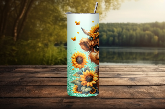 Sunflower Highland Cow Tumbler, Cute Cow Coffee Cup, Flower Lover Travel Mug, 20OZ Tumbler, 22OZ Tumbler, 30OZ
