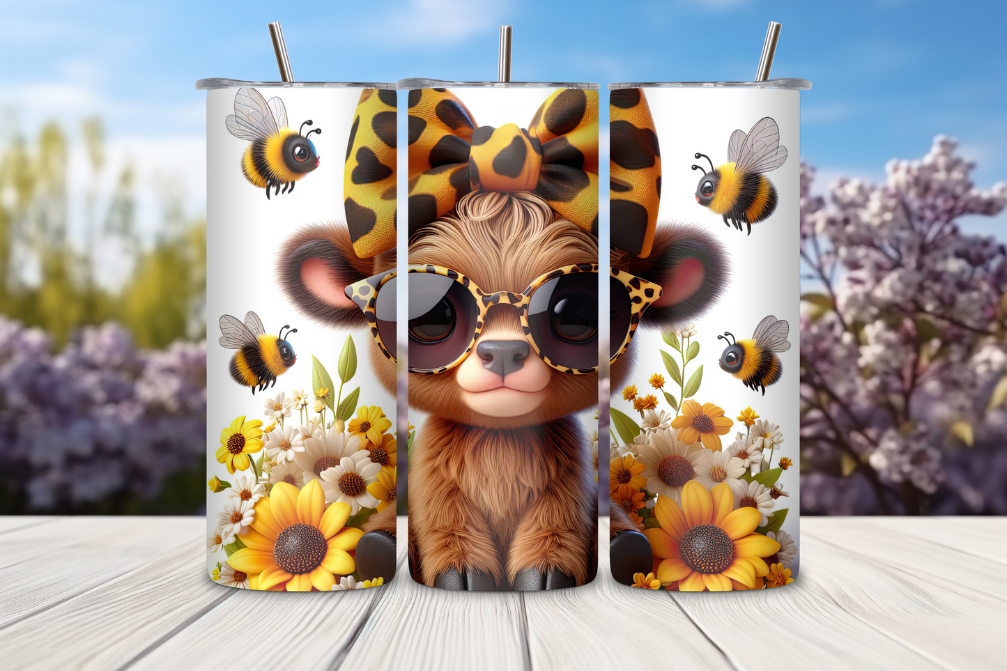 Bee Happy Highland Cow Tumbler, Cute Cow Coffee Cup, Cool Style Cheetah Print Travel Mug, 20OZ Tumbler, 30OZ Tumbler