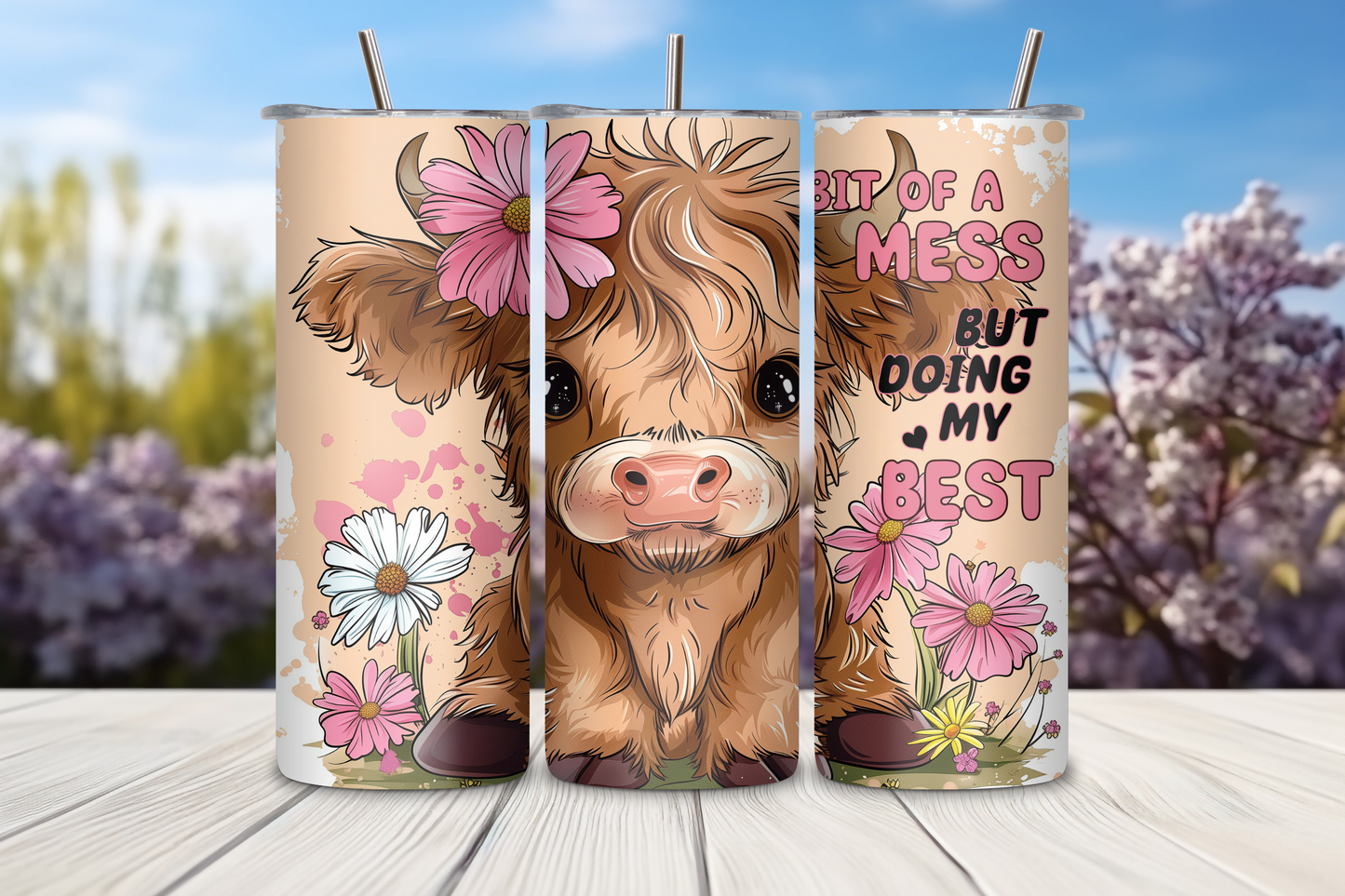 Doing My Best Highland Cow Tumbler, Funny Cow Travel Mug, Flowers and Cow Travel Mug, Gift for Her, 20OZ Tumbler