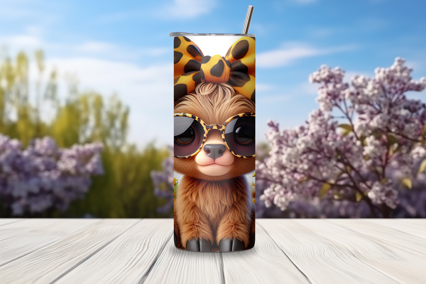 Bee Happy Highland Cow Tumbler, Cute Cow Coffee Cup, Cool Style Cheetah Print Travel Mug, 20OZ Tumbler, 30OZ Tumbler