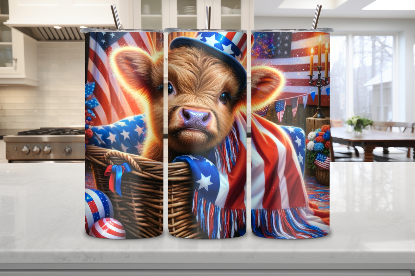 Patriotic Highland Cow Tumbler, American Flag Coffee Cup, Cute Baby Cow Travel Mug, 20OZ Tumbler, 30OZ Tumbler