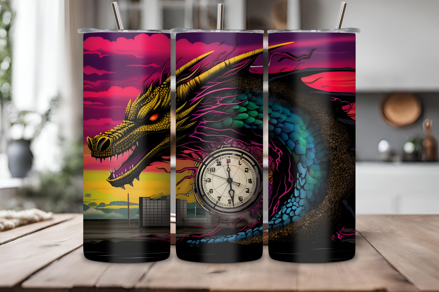 Vibrant tumbler featuring a golden dragon wrapped around a vintage clock with a sunset sky in the background, blending elements of fantasy and time in a striking design