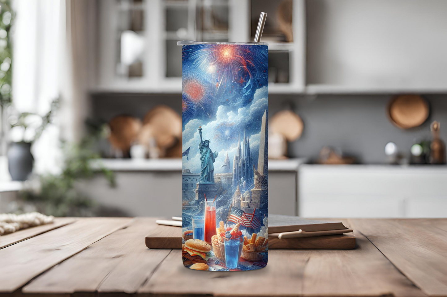 American Landmark Fireworks Celebration Tumbler, Patriotic US Capital Travel Mug, 4th of July Coffee Cup, 20OZ Tumbler, 22OZ Tumbler, 30OZ Tumbler
