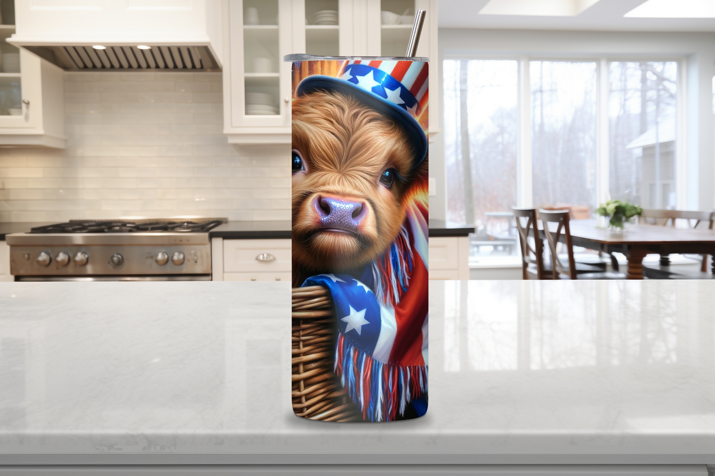 Patriotic Highland Cow Tumbler, American Flag Coffee Cup, Cute Baby Cow Travel Mug, 20OZ Tumbler, 30OZ Tumbler