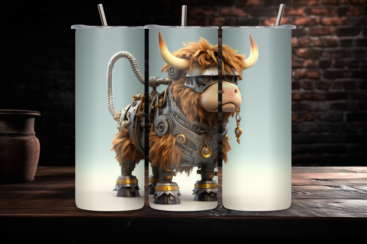Futuristic Highland Cow Tumbler, Robot Cow Travel Cup, Gift for Him, 20OZ Tumbler, 22OZ Tumbler, 30OZ Tumbler