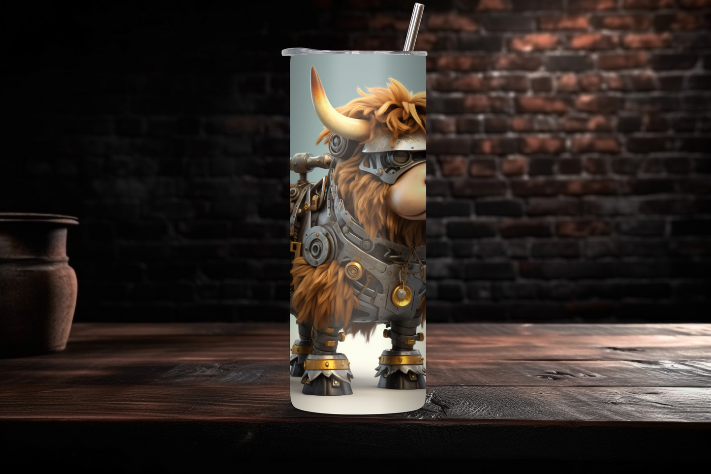 Futuristic Highland Cow Tumbler, Robot Cow Travel Cup, Gift for Him, 20OZ Tumbler, 22OZ Tumbler, 30OZ Tumbler