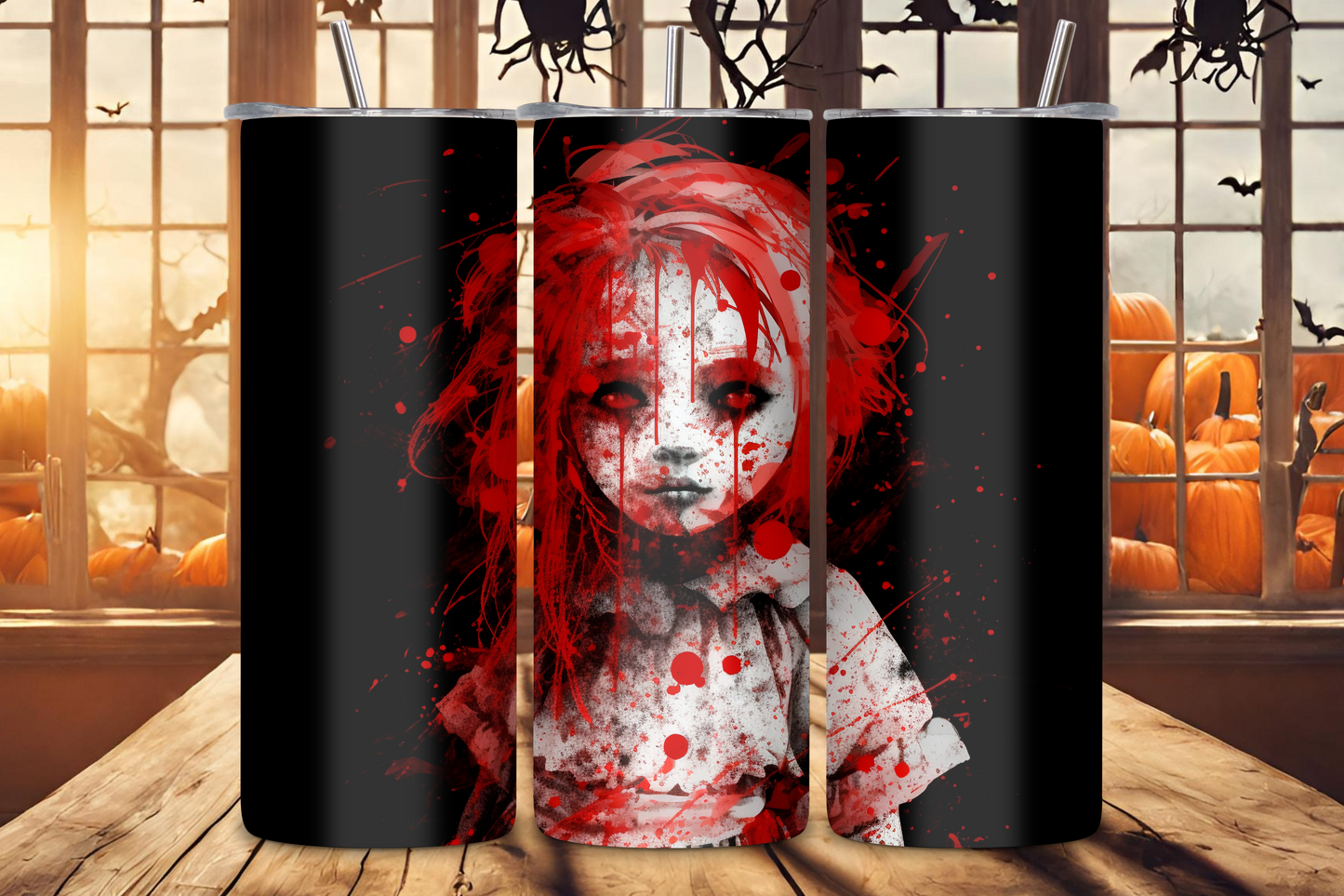 A haunting portrayal of a ghostly pale doll with sinister red eyes and blood cascading down her face, set against a dark backdrop. Her hair and vintage dress are splattered with vibrant red, creating a stark and eerie contrast, perfect for evoking a chilling atmosphere.