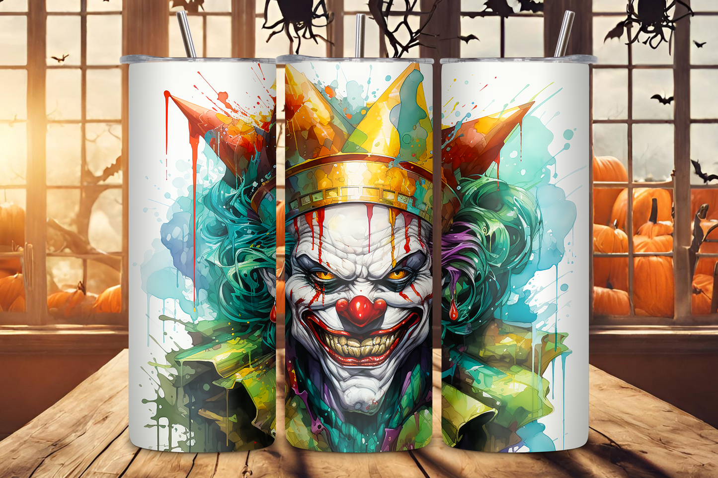 A dynamic presentation of a Halloween-themed tumbler with a sinister clown design, viewed from three angles to showcase the artwork wrapping around the tumbler. Perfect for adding a touch of terror to your beverage experience.