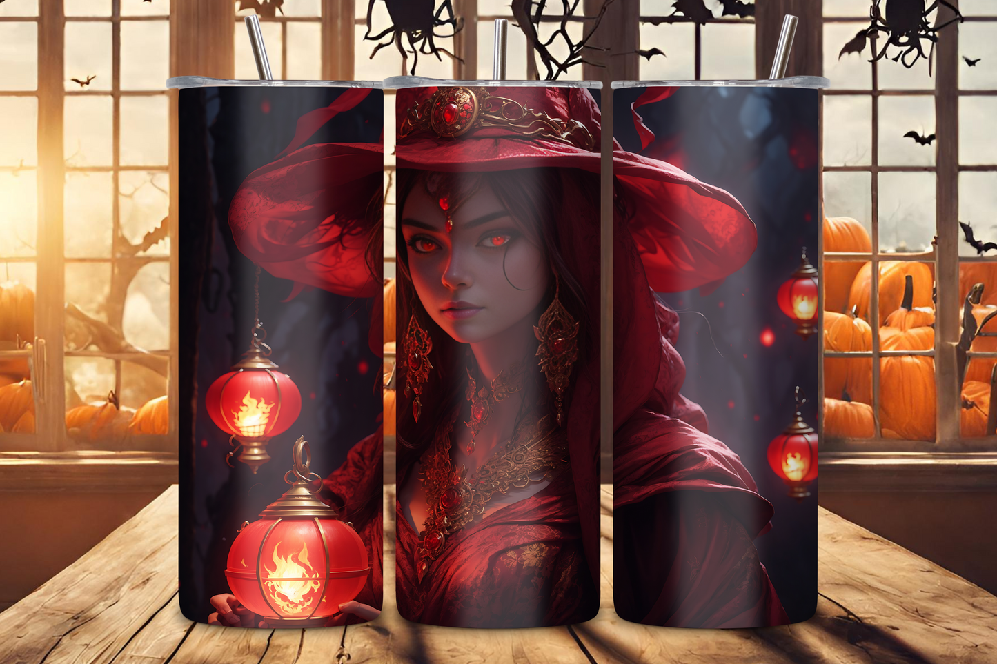 This image shows the "Mystic Enchantress" Halloween Tumbler from three different angles, featuring a detailed illustration of a mystical sorceress in red, with glowing lanterns and a haunting backdrop, perfect for the Halloween season.