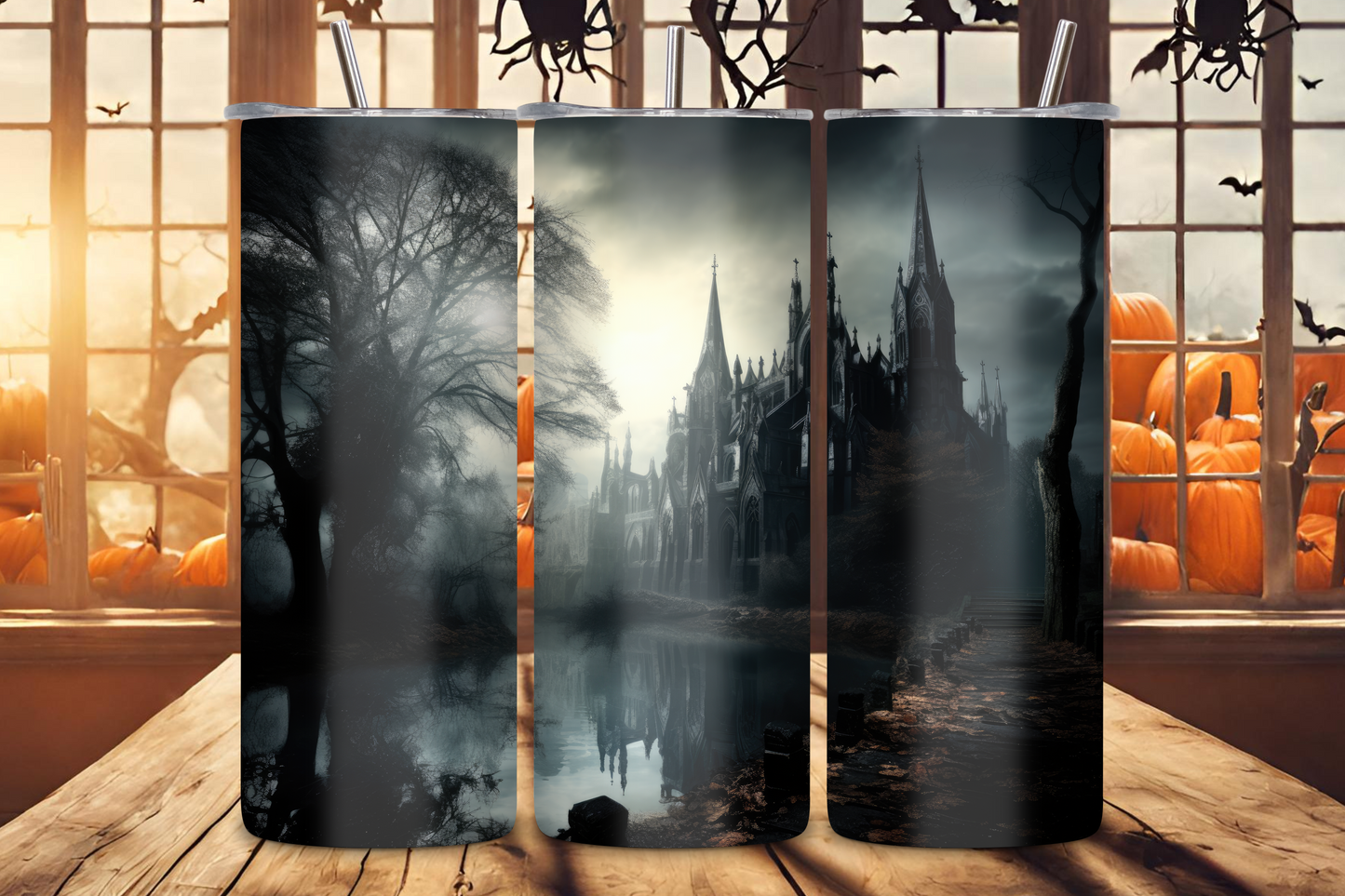 Detailed image of a Halloween-themed tumbler with a Gothic cathedral at dusk design, featuring dark silhouettes of barren trees and a reflective body of water under a twilight sky. This eerie yet beautiful tumbler captures the essence of a haunted Gothic landscape