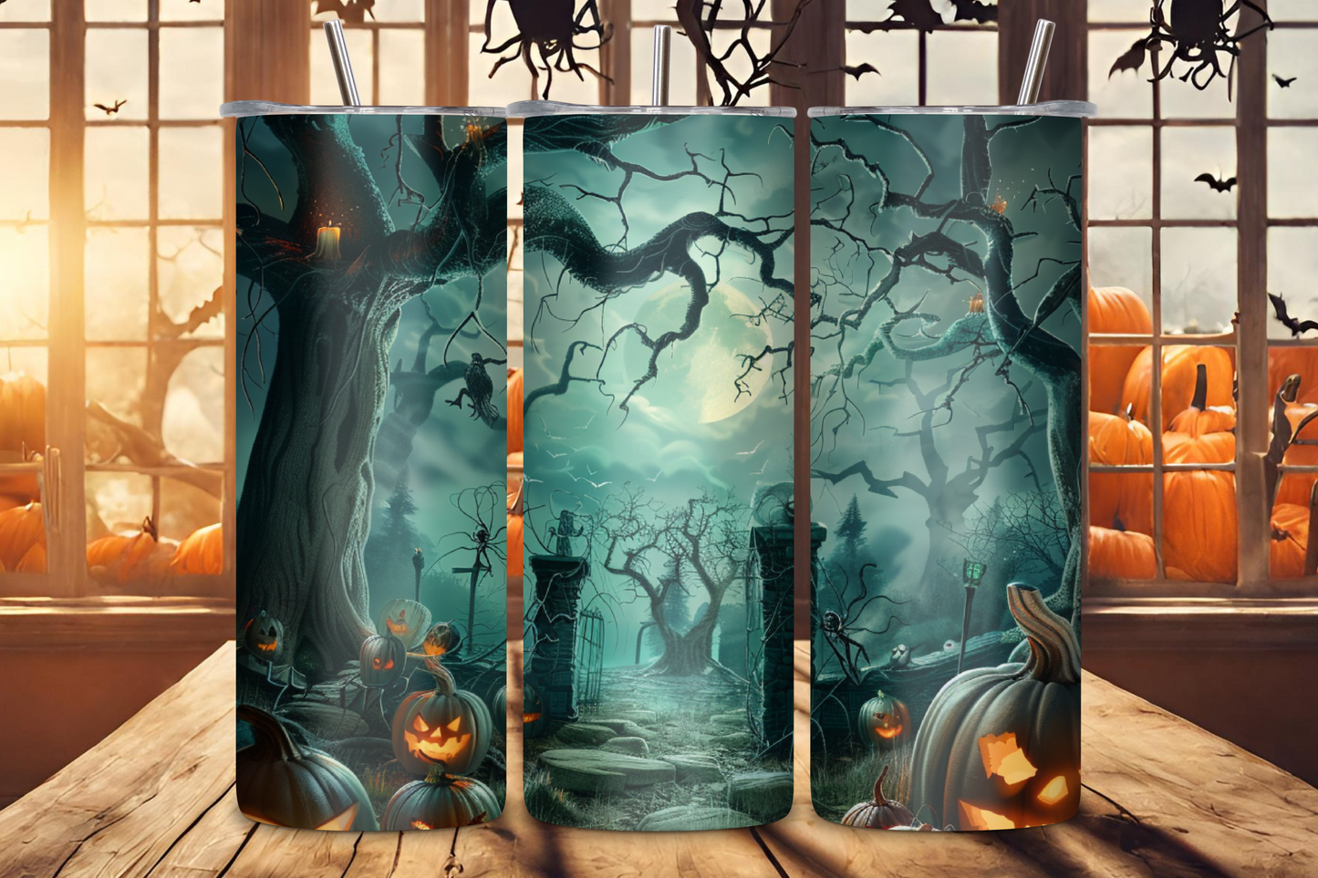 Spooky Halloween scene depicted on a tumbler, showcasing a haunted forest with eerie jack-o'-lanterns, barren trees, and a mysterious fog under a full moon. This tumbler is perfect for adding a touch of the Halloween spirit to your daily hydration