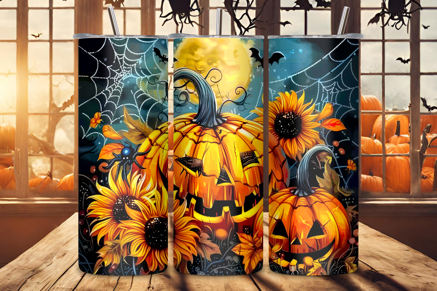 Colorful autumn-themed tumbler with pumpkins, sunflowers, and a cobwebbed moonlit backdrop, capturing the essence of fall.