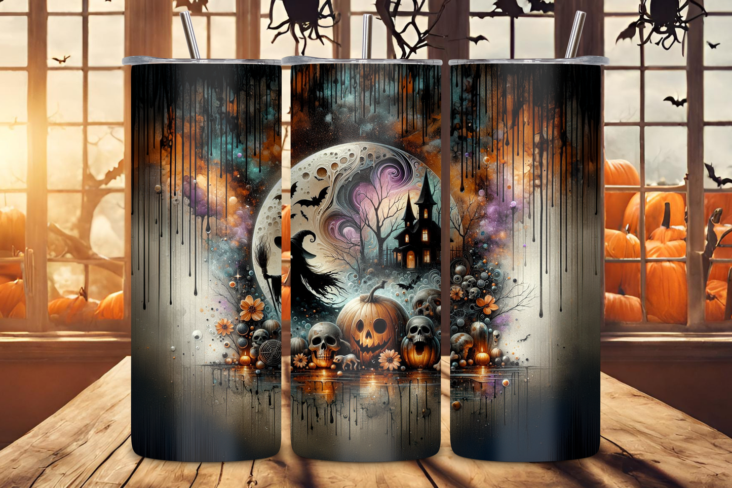 Mystical Harvest Tumbler with a richly detailed Halloween scene featuring pumpkins, a haunted house, and spooky elements, perfect for festive beverages
