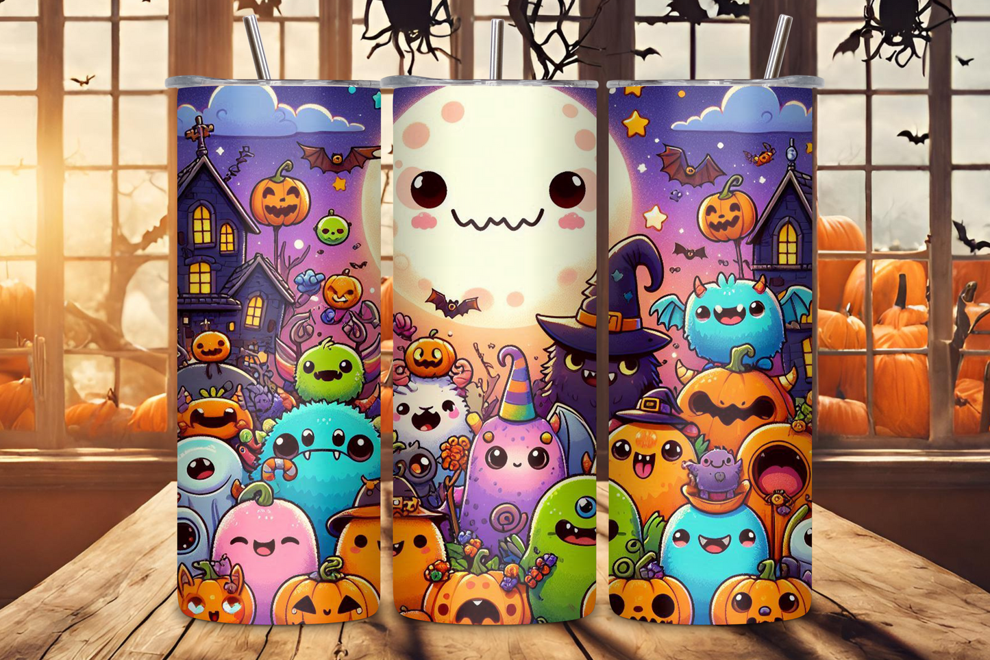 Colorful Halloween-themed tumbler featuring cute and whimsical monsters, pumpkins, and a ghost in a vibrant cartoon style, ideal for those who enjoy a lighter, playful take on the spooky season.