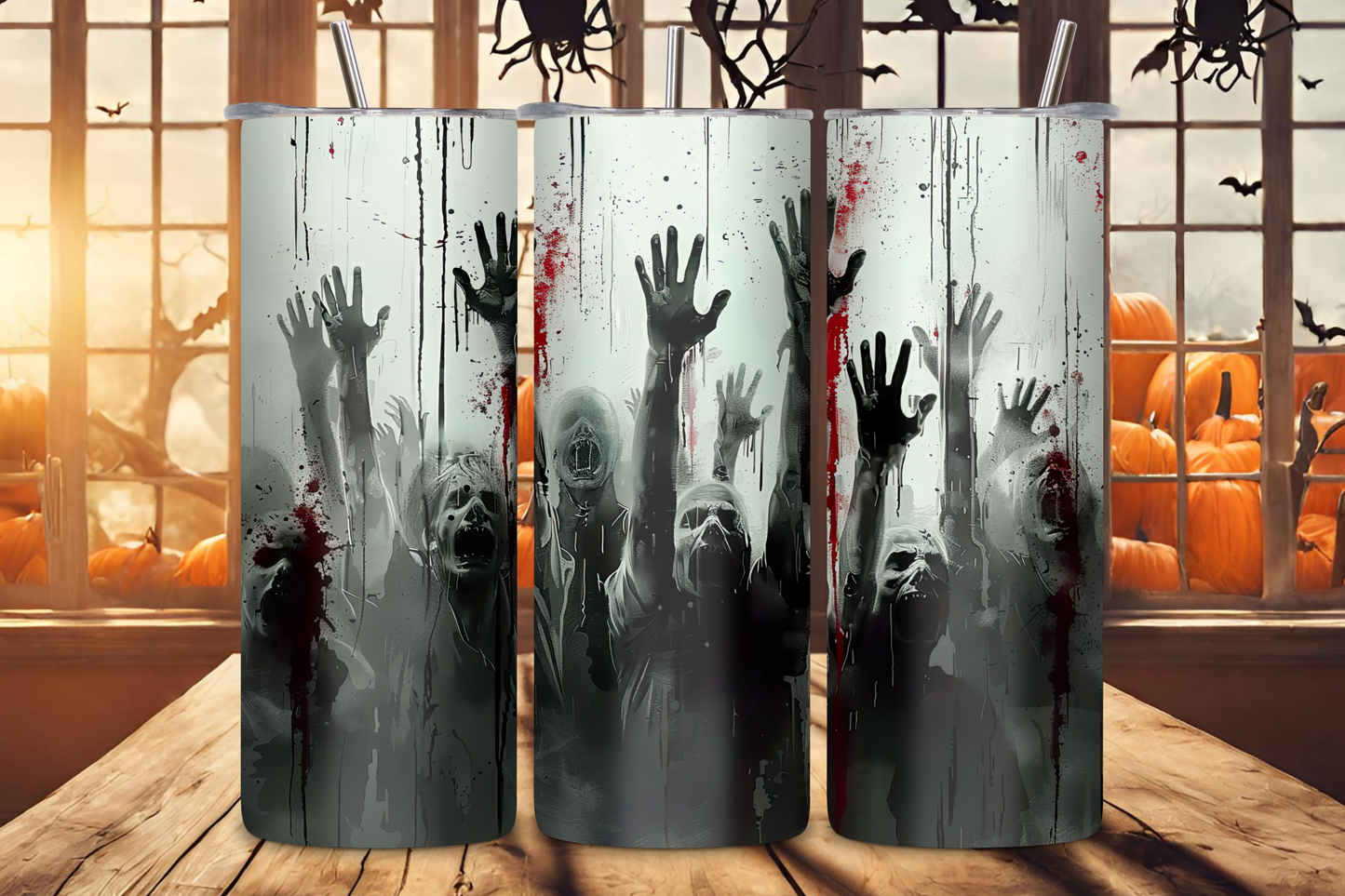 Chilling zombie-themed tumbler with ghastly hands reaching out, splattered in red, perfect for horror fans