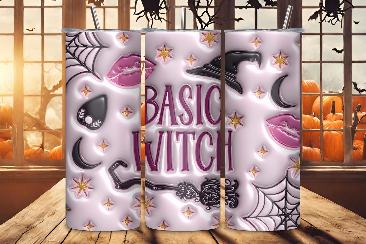 Stylish Halloween-themed tumbler with 'Basic Witch' design, featuring witch hats, stars, and glamorous lips on a pink background, perfect for adding a bit of fun to your Halloween celebrations