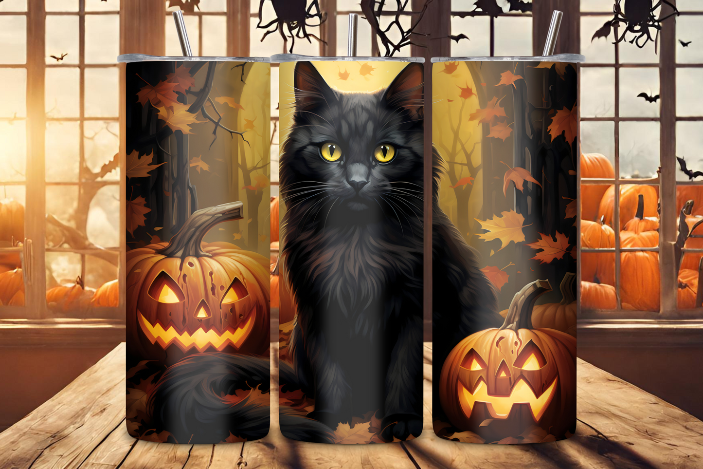 Spooky black cat with yellow eyes on a tumbler, surrounded by pumpkins and autumn leaves, perfect for Halloween enthusiasts