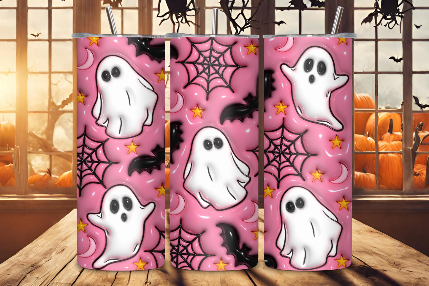 Friendly Pink Ghost Tumbler, Spider Web and Bat Travel Mug, Pink Halloween Gift, 20OZ Tumbler, 22OZ Tumbler, 30OZ Tumbler
