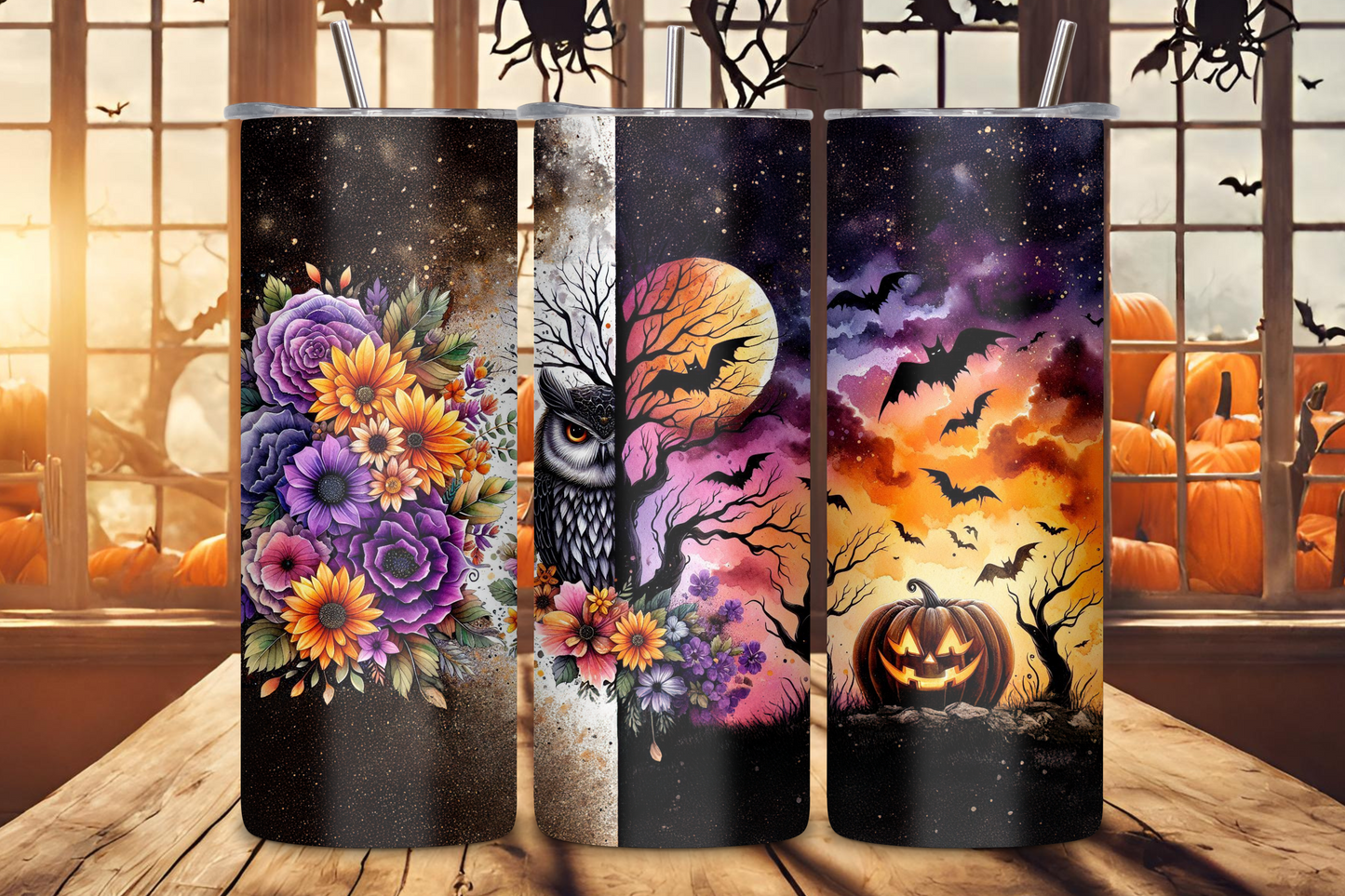 Autumn Magic Tumbler, Night and Day Change Travel Mug, Owl, Pumpkin and Bat Mug, 20OZ Tumbler, 22OZ Tumbler, 30OZ Tumbler