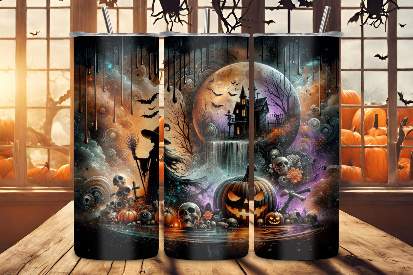 Enchanted Eve Tumbler with a haunting Halloween scene featuring a moonlit night, haunted houses, and eerie landscapes, perfect for seasonal drinks