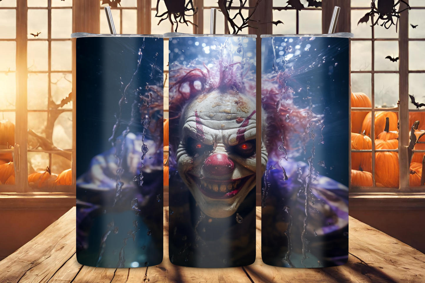 A hauntingly detailed clown face depicted on a Halloween-themed tumbler, set against a spooky, submerged background with swirling purple and blue hues, designed for horror lovers