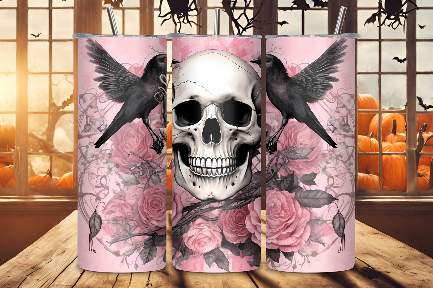 Elegant pink tumbler featuring a skull surrounded by lush roses and black ravens, blending gothic charm with floral grace