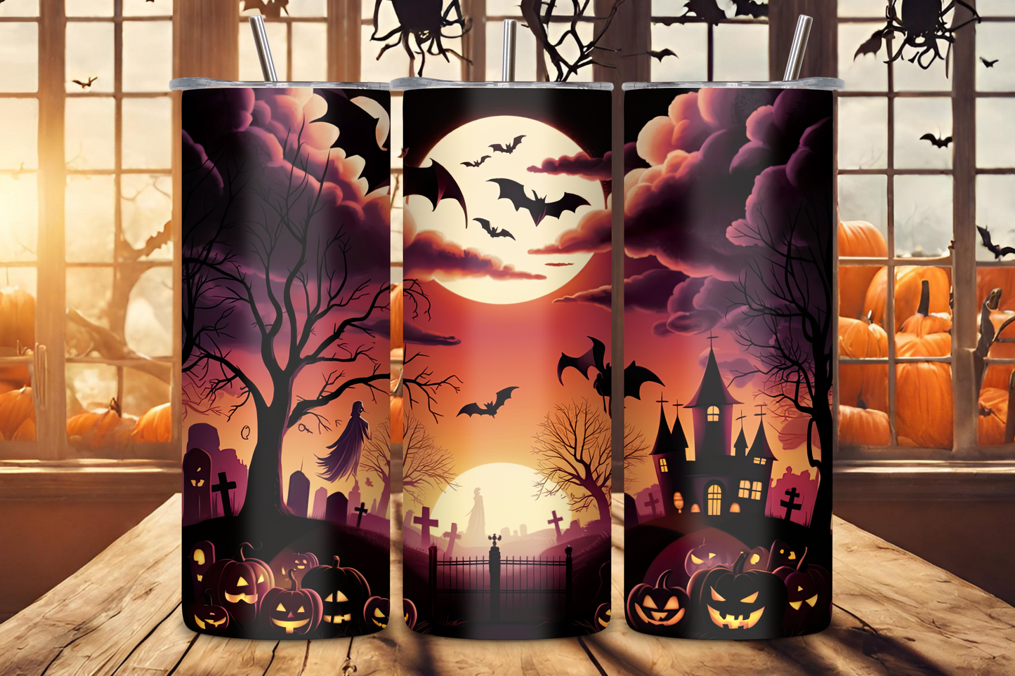 Eerie Halloween-themed tumbler with a haunted landscape, flying bats, and a glowing moon, perfect for seasonal celebrations