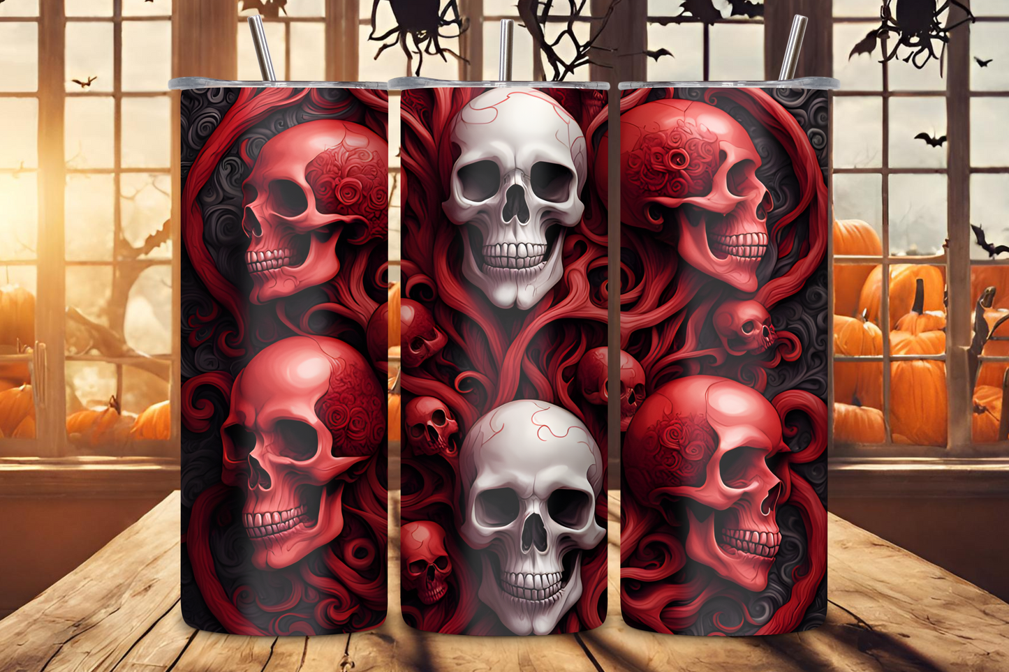 Skull tumbler with red and black swirling designs, perfect for lovers of gothic art and horror themes