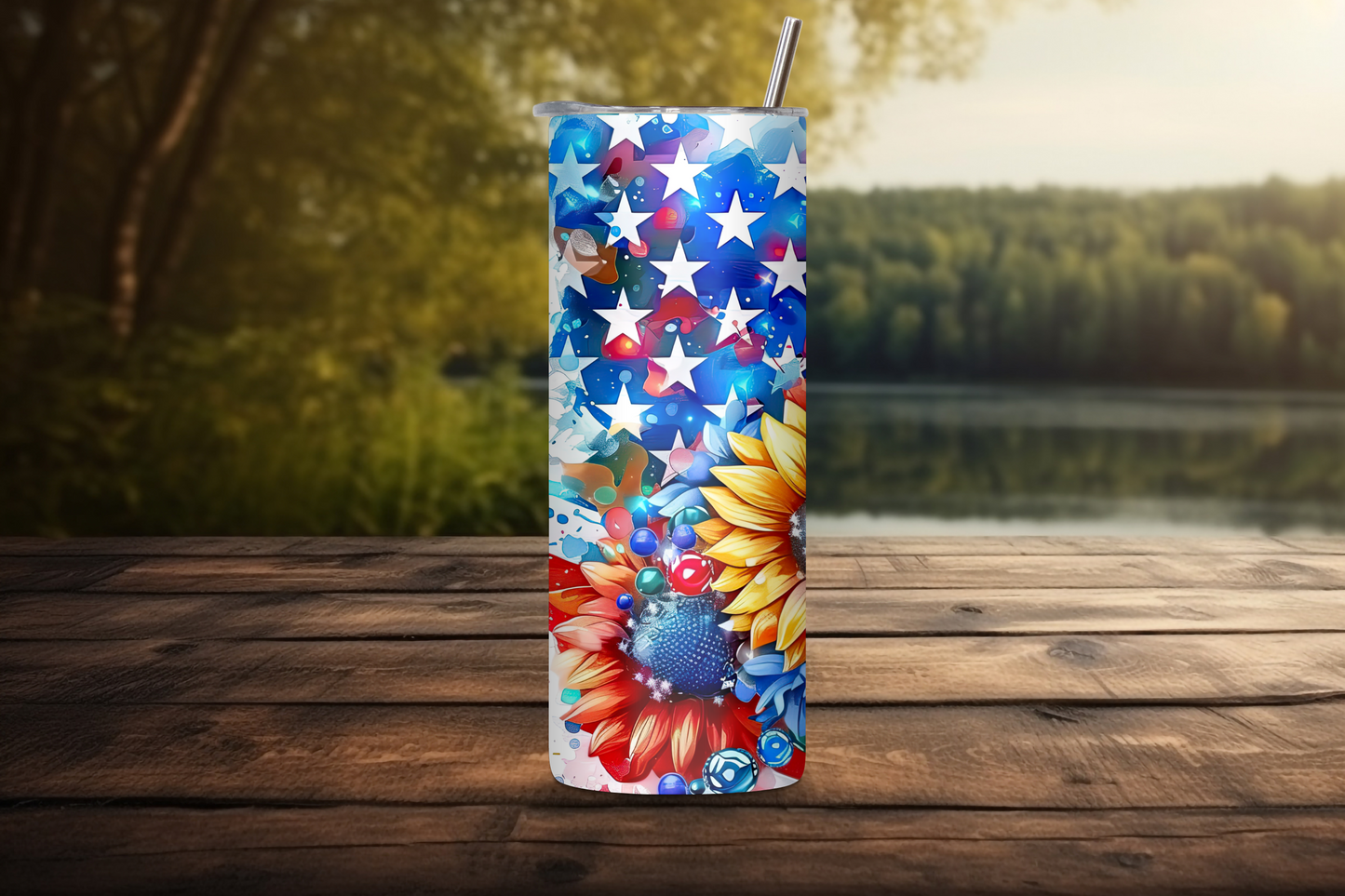 Sunflower and Star-Spangled Banner Tumbler, Patriotic Flag Travel Mug, USA Sprit Coffee Cup, 20OZ Tumbler, 22OZ Tumbler, 30OZ Tumbler