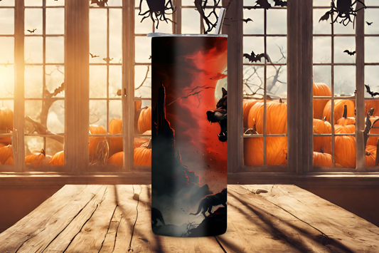Lunar Howl Tumbler, Monster Haunted Night Wolf Travel Mug, Creepy Red Moon Coffee Mug, 20OZ Tumbler, 22OZ Tumbler, 30OZ Tumbler