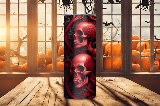 Eternal Elegance Skull Tumbler, Red and White Skull Travel Mug, Skulls of Halloween Night, 20OZ Tumblers, 22OZ Tumbler, 30OZ Tumbler
