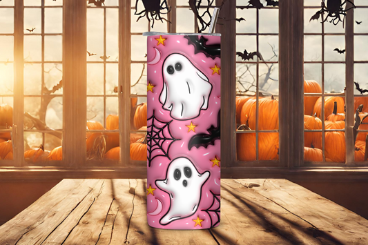 Friendly Pink Ghost Tumbler, Spider Web and Bat Travel Mug, Pink Halloween Gift, 20OZ Tumbler, 22OZ Tumbler, 30OZ Tumbler