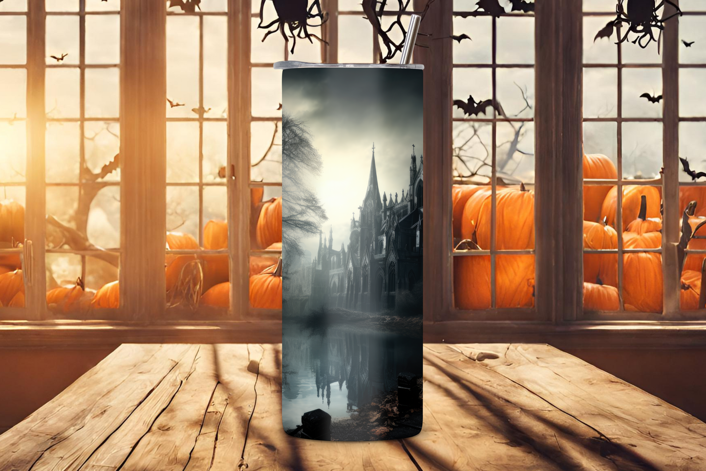 Gothic Cathedral at Dusk Halloween Tumbler, Haunted Castle Coffee Cup, Haunted Halloween Manor, 20OZ Tumbler, 22 OZ Tumbler. 30OZ Tumbler