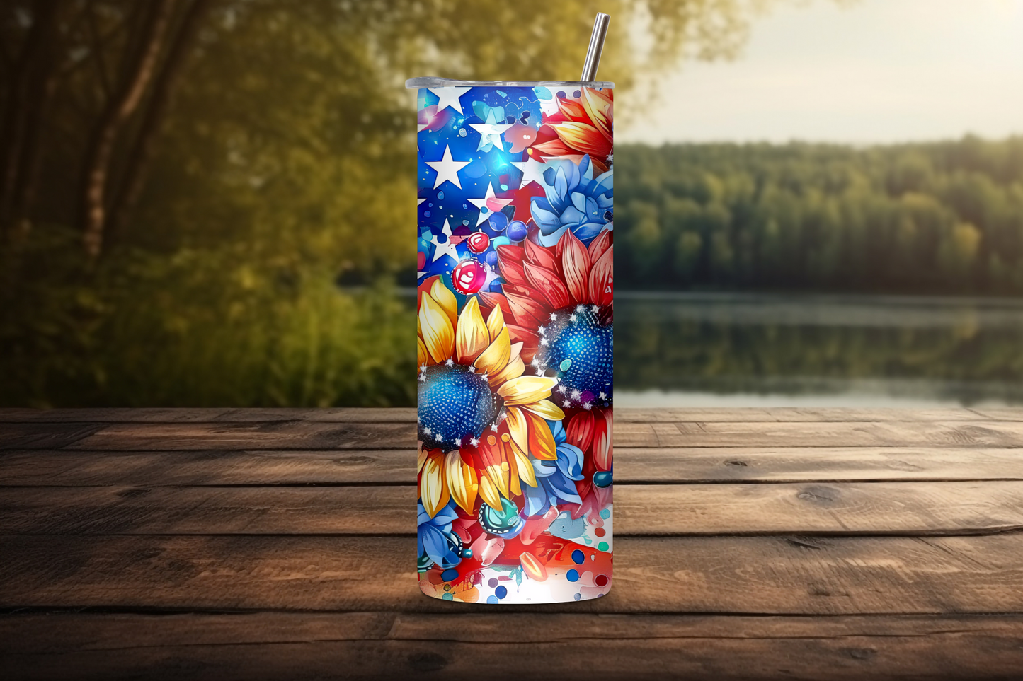 Sunflower and Star-Spangled Banner Tumbler, Patriotic Flag Travel Mug, USA Sprit Coffee Cup, 20OZ Tumbler, 22OZ Tumbler, 30OZ Tumbler