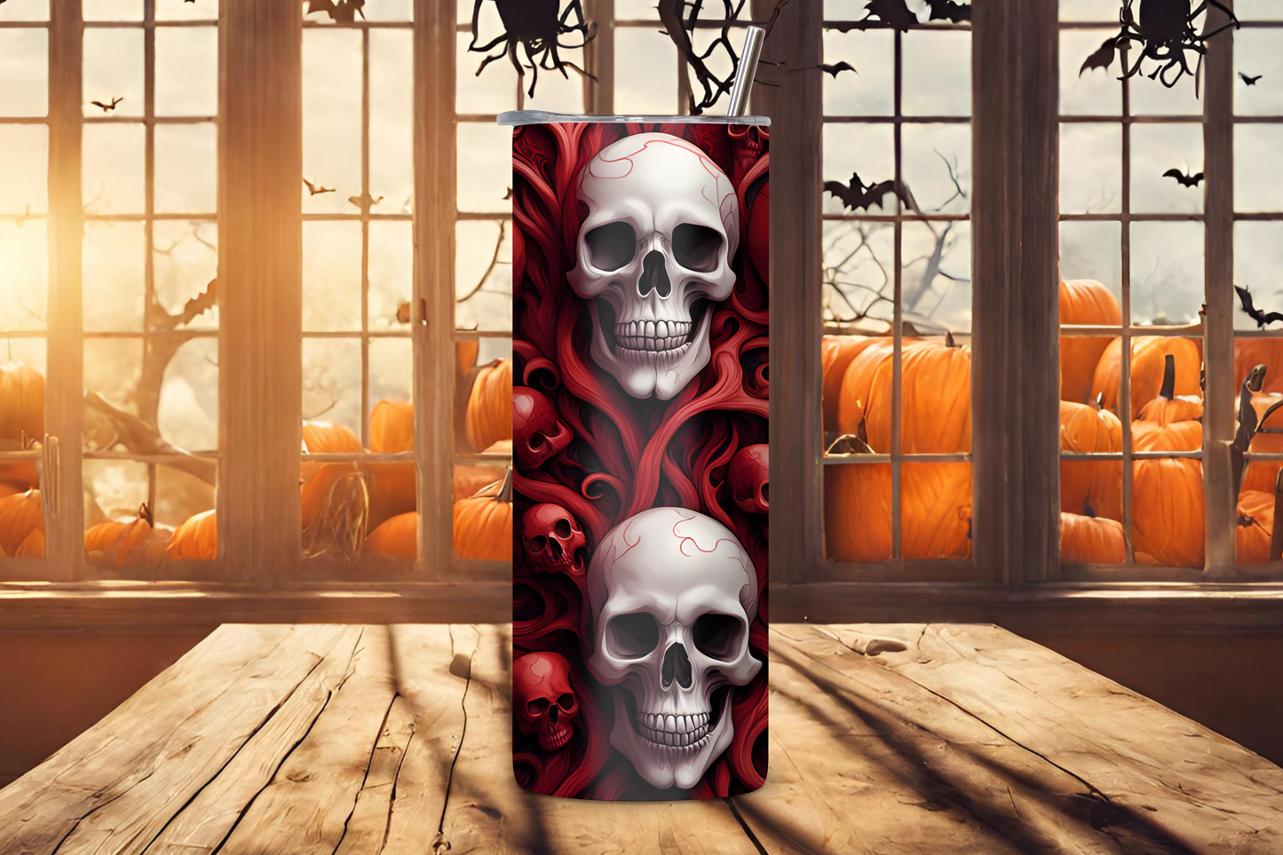 Eternal Elegance Skull Tumbler, Red and White Skull Travel Mug, Skulls of Halloween Night, 20OZ Tumblers, 22OZ Tumbler, 30OZ Tumbler