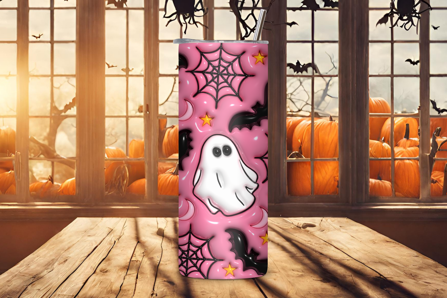 Friendly Pink Ghost Tumbler, Spider Web and Bat Travel Mug, Pink Halloween Gift, 20OZ Tumbler, 22OZ Tumbler, 30OZ Tumbler