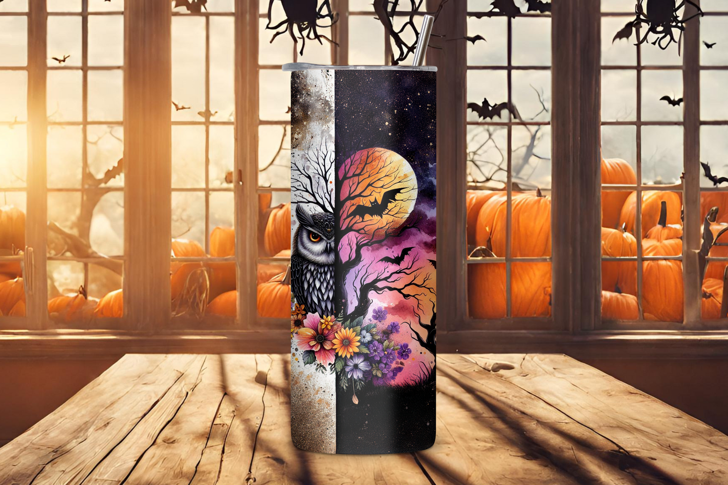 Autumn Magic Tumbler, Night and Day Change Travel Mug, Owl, Pumpkin and Bat Mug, 20OZ Tumbler, 22OZ Tumbler, 30OZ Tumbler