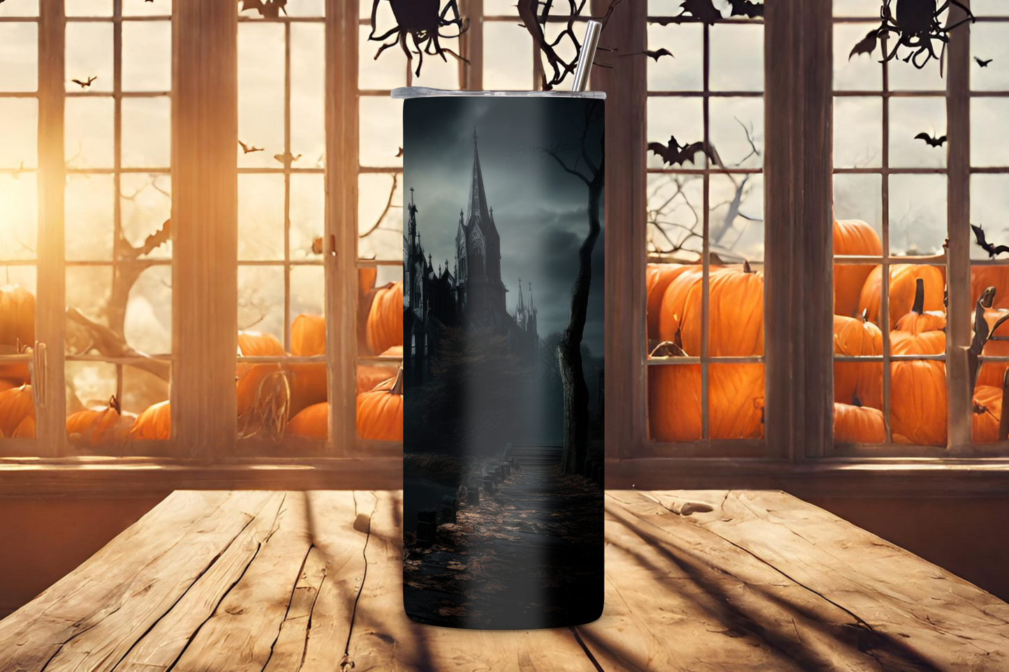 Gothic Cathedral at Dusk Halloween Tumbler, Haunted Castle Coffee Cup, Haunted Halloween Manor, 20OZ Tumbler, 22 OZ Tumbler. 30OZ Tumbler