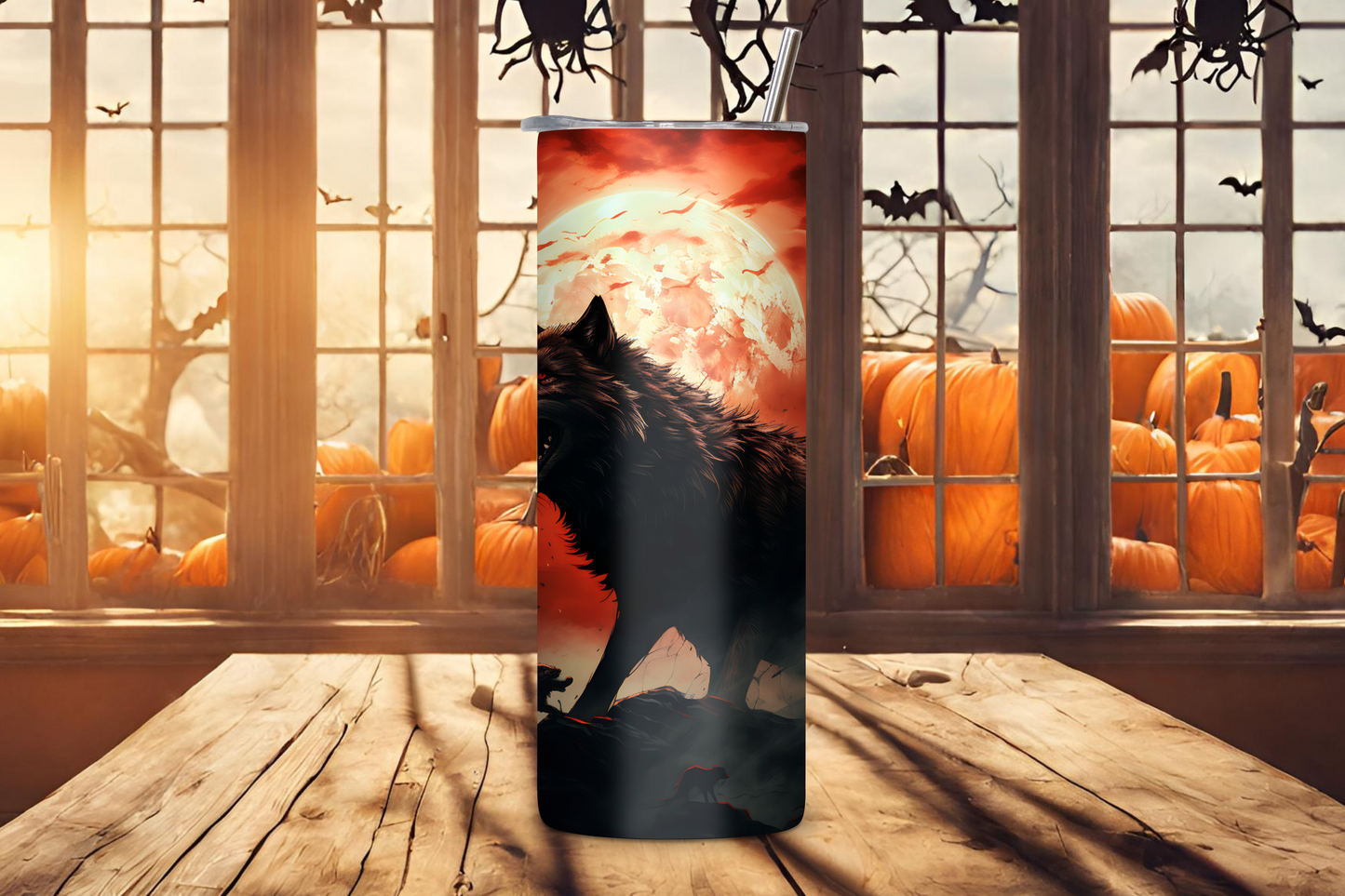 Lunar Howl Tumbler, Monster Haunted Night Wolf Travel Mug, Creepy Red Moon Coffee Mug, 20OZ Tumbler, 22OZ Tumbler, 30OZ Tumbler
